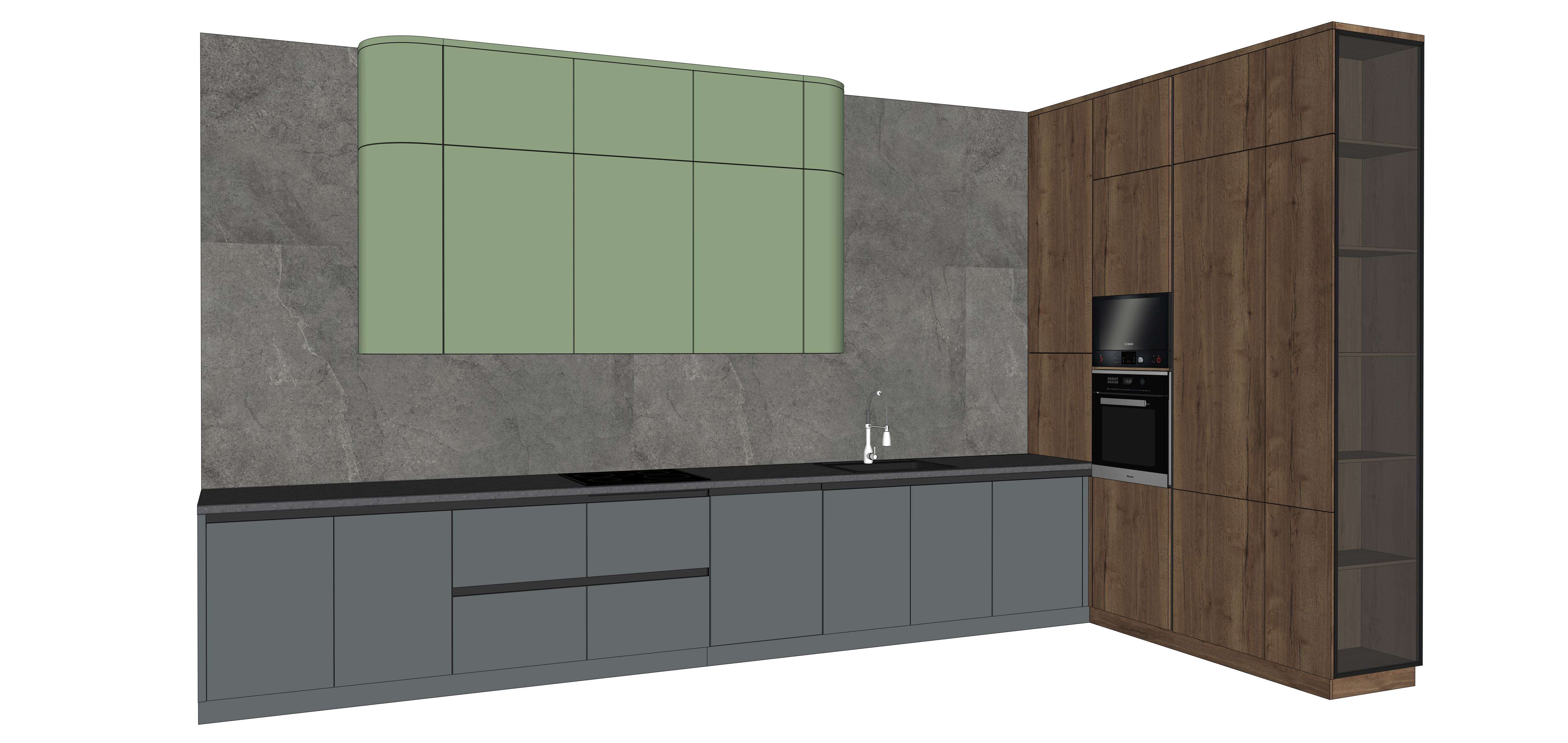 Современный дизайн кухни с зелеными и деревянными фасадами