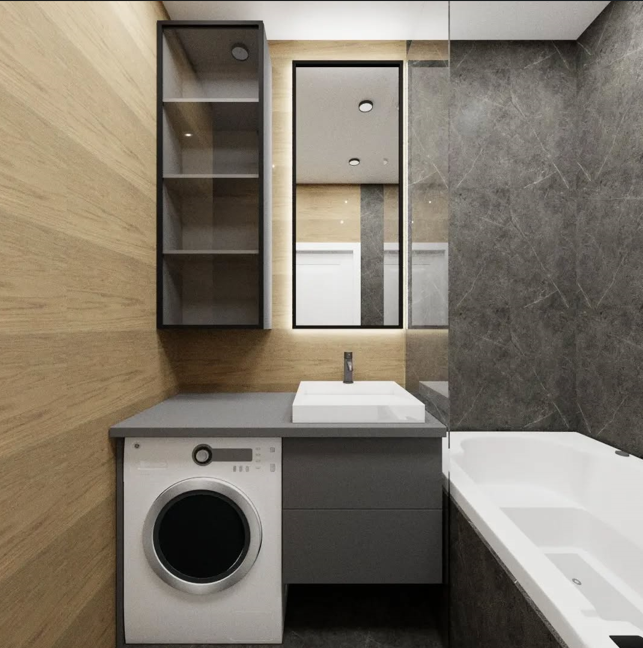 3D рендер ванной с деревянными акцентами